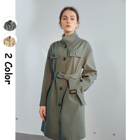 Stand Collar Casual Long Trench Coat Women Belt Khaki Windbreaker Jacket Female Elegant Oversized Spring Coat