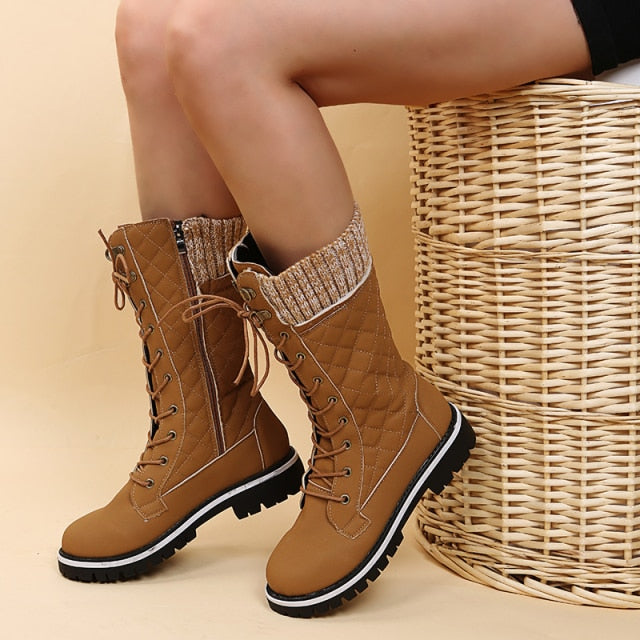 Christmas Gift  Women Winter Buckle Lace Knitted Mid-calf Boots Low Heel Round Toe Boots Top Quality Winter Warm Boots Women Botas De Mujer