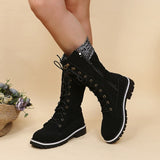 Christmas Gift  Women Winter Buckle Lace Knitted Mid-calf Boots Low Heel Round Toe Boots Top Quality Winter Warm Boots Women Botas De Mujer