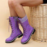Christmas Gift  Women Winter Buckle Lace Knitted Mid-calf Boots Low Heel Round Toe Boots Top Quality Winter Warm Boots Women Botas De Mujer