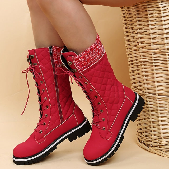 Christmas Gift  Women Winter Buckle Lace Knitted Mid-calf Boots Low Heel Round Toe Boots Top Quality Winter Warm Boots Women Botas De Mujer