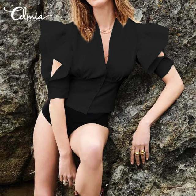 Celmia Fashion Half Sleeve Ruffles Tops Women Sexy V-neck White Blouses Tunic Shirts Casual Elegant OL Blusas Mujer Oversize Top