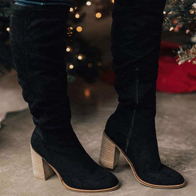 xakxx Christmas Gift New Women Boots Lace Up Sexy High Heels Women Shoes Lace Up Winter Knee-High Boots Warm Size 35-43  Fashion Boots