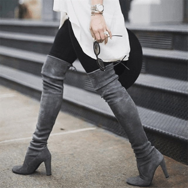 xakxx Christmas Gift New Women Boots Lace Up Sexy High Heels Women Shoes Lace Up Winter Knee-High Boots Warm Size 35-43  Fashion Boots