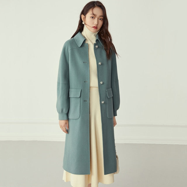 xakxx 100% Wool Long Women's Coat Autumn Winter Oversized Vintage Coat Jacket Wool Blend Casual Female Blue Overcoat