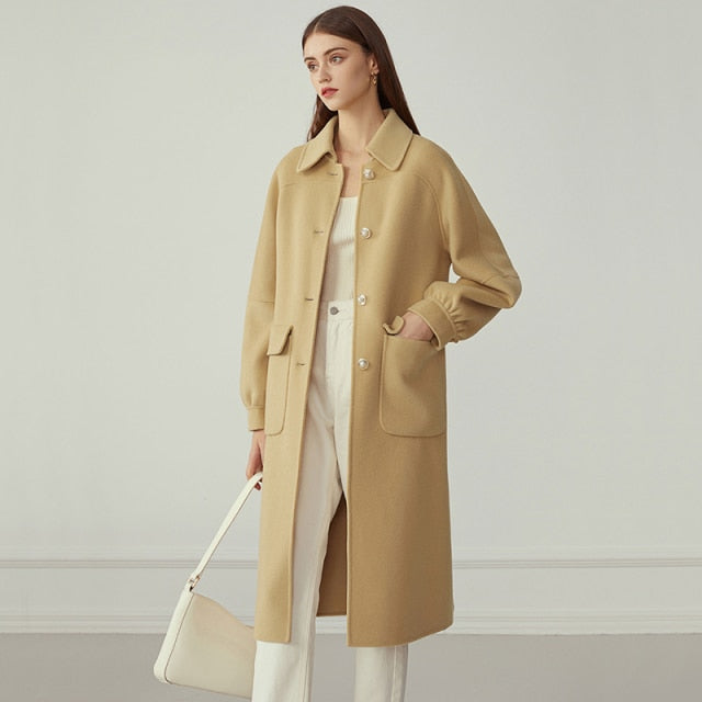 xakxx 100% Wool Long Women's Coat Autumn Winter Oversized Vintage Coat Jacket Wool Blend Casual Female Blue Overcoat