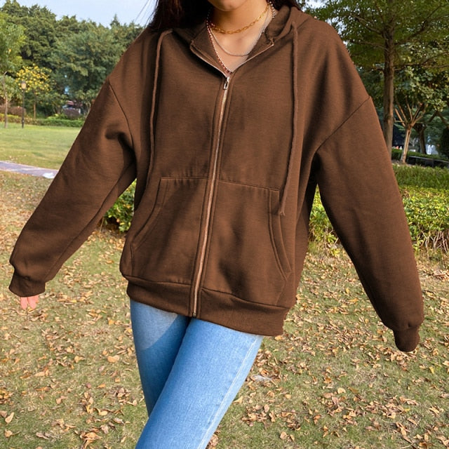 Brown Oversized Hoodies Women Vintage Zip Up Loose Sweatshirt Winter Jacket Pockets Long Sleeve hoodie Clothes