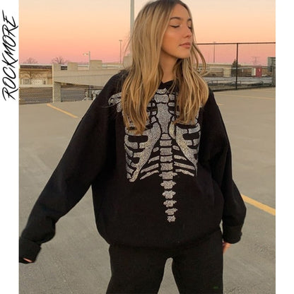 Rhinestone Hoodies Women'S Oversized Sweatshirts Harajuku Pockets Hooded Zip Up Jacket Femme Autumn Grunge Top