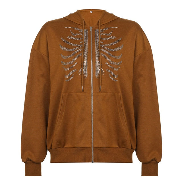 Rhinestone Hoodies Women'S Oversized Sweatshirts Harajuku Pockets Hooded Zip Up Jacket Femme Autumn Grunge Top