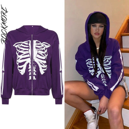 Rhinestone Hoodies Women'S Oversized Sweatshirts Harajuku Pockets Hooded Zip Up Jacket Femme Autumn Grunge Top