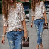 New  Fashion Women Sexy Loose Off Shoulder Sequin Glitter Blouses Summer Casual Shirts Vintage Blouse Party Tops S-5XL