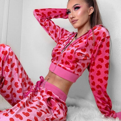 xakxx Velvet Harajuku Heart Sweatshirt Women Long Sleeve Jackets Korean Hoodies Thin Crop Top Outfits Vintage Kawaii
