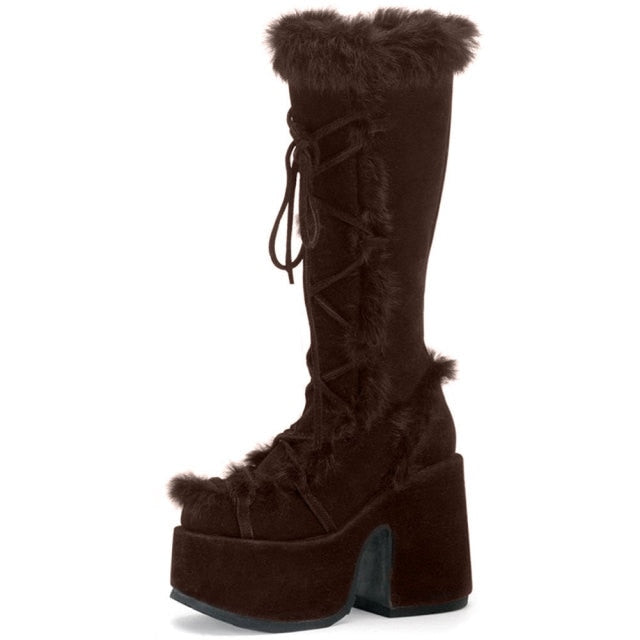 xakxx Christmas Gift Winter Fur Big Size 43 Black Brwon Gothic Chunky Boots High Heel Chunky Heels Platform Keep Warm Boots Shoes Women