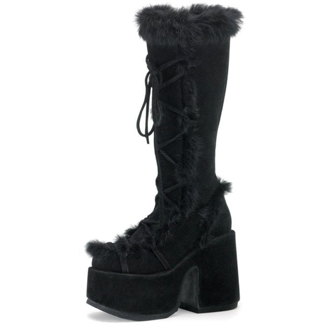 xakxx Christmas Gift Winter Fur Big Size 43 Black Brwon Gothic Chunky Boots High Heel Chunky Heels Platform Keep Warm Boots Shoes Women