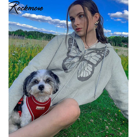 Butterfly Pattern Hoodie Sweatshirt Women Oversized Zip Up Aesthetic Loose Long Sleeve Hoodies Plus Size Jacket Top