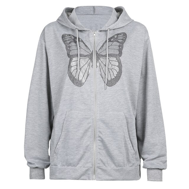 Butterfly Pattern Hoodie Sweatshirt Women Oversized Zip Up Aesthetic Loose Long Sleeve Hoodies Plus Size Jacket Top