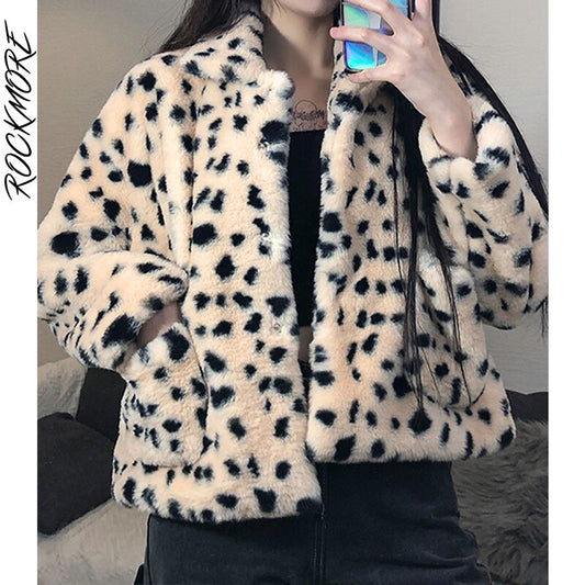 Plush Cropped Jackets Streetwear Women Fleece Shaggy Leopard Coats Autumn Winter Warm Single Breasted Outerwear