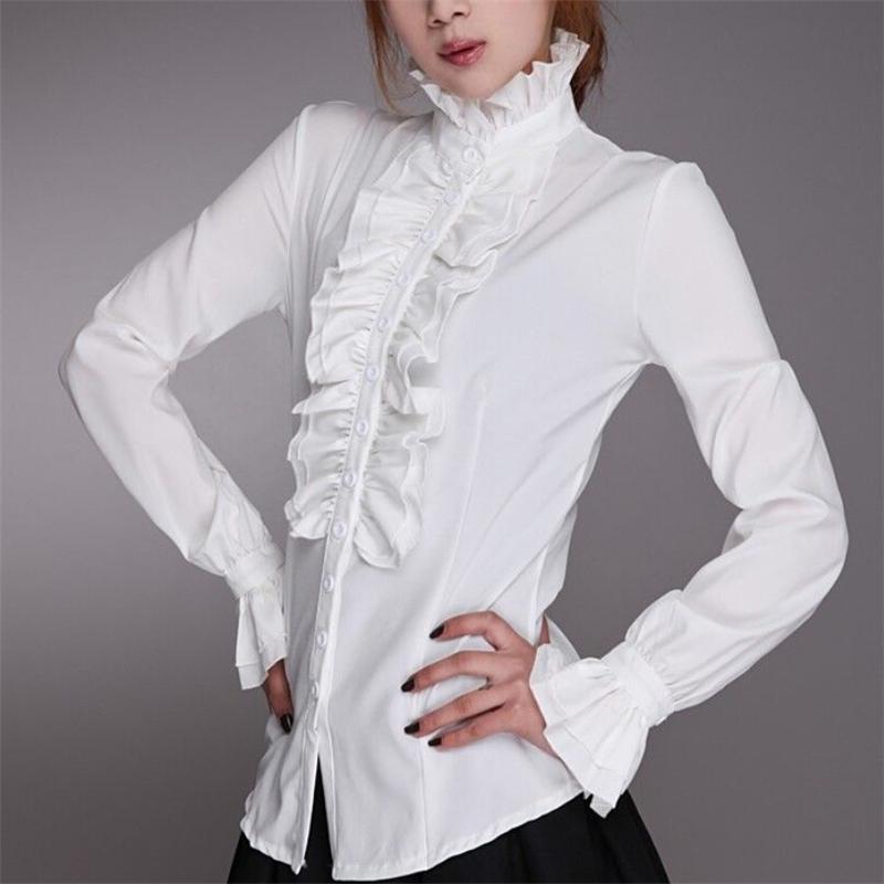 Fashion Victorian Women OL Office Ladies White Shirt High Neck Frilly Ruffle Cuffs Shirts Female Blouse Cuffs Blouse Autumn