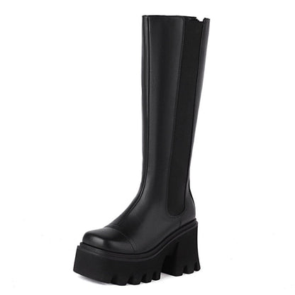 xakxx Goth Boots Women Knee High Boots Platform Plus Size Chunky Heel Black Fall Punk Fur Boots Office Lady Soft Leather Street