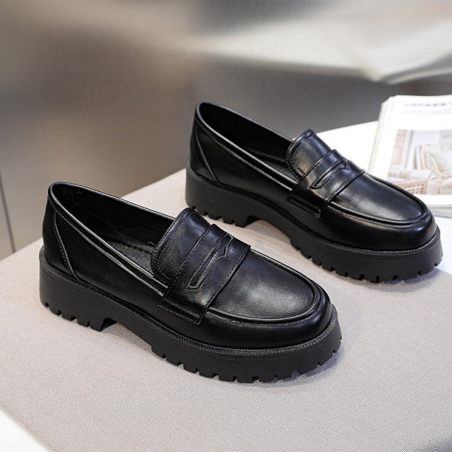 xakxx Female Loafers Flat Platform Women Shoes Size35-40 Casual Slip-on Round Toe Solid Black Ladies Shoes For Women