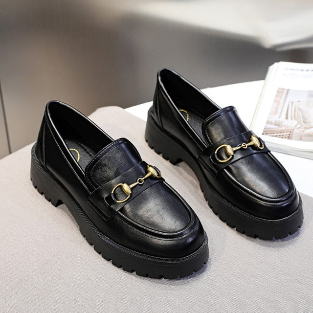 xakxx Female Loafers Flat Platform Women Shoes Size35-40 Casual Slip-on Round Toe Solid Black Ladies Shoes For Women