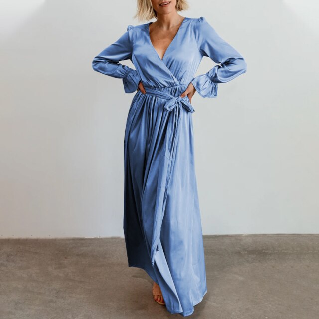 xakxx Celmia Elegant Satin Dress Women Sexy V Neck Bandage Maxi Sundress Solid Casual Ruffled Long Sleeve Party Long Vestido Robe