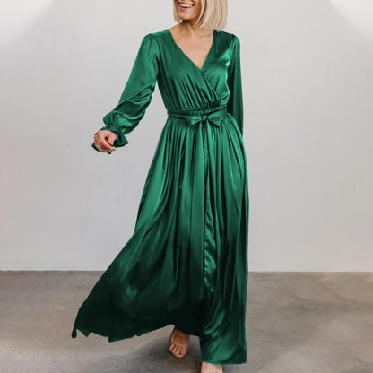 xakxx Celmia Elegant Satin Dress Women Sexy V Neck Bandage Maxi Sundress Solid Casual Ruffled Long Sleeve Party Long Vestido Robe