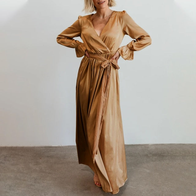 xakxx Celmia Elegant Satin Dress Women Sexy V Neck Bandage Maxi Sundress Solid Casual Ruffled Long Sleeve Party Long Vestido Robe