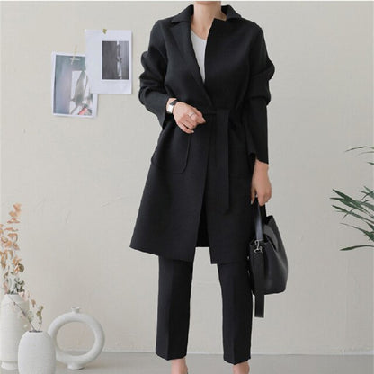 New Women Coats French Casual  Warm Long Belt Solid Female Office Lady Winter Retro Oversize Loose Woolen Chic Coat