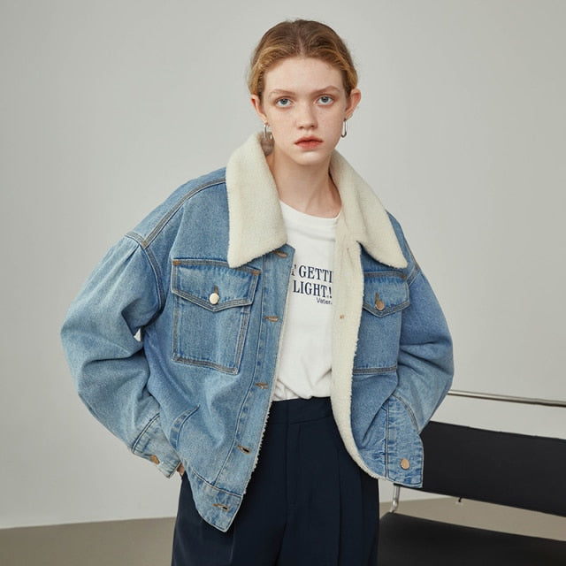 Women Lamb Wool Thickened Denim Jacket Loose Korea Style Winter Short Plus Velvet Jacket Polo Collar Cotton Clothes