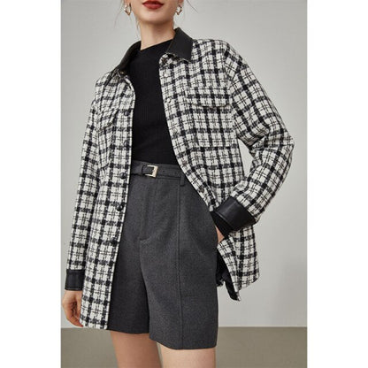 Women Woolen Stitching Leather Design Jacket Polo Collar Plaid Shirt Jacket Winter New Loose Casual Commuter Coats