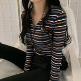 Women Striped Cardigan V-Neck Long Sleeve Thin Sweater e-girl Female Rib Knitt Jackets Cardigans Spring Summer  Korea Kpop