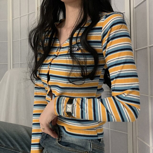 Women Striped Cardigan V-Neck Long Sleeve Thin Sweater e-girl Female Rib Knitt Jackets Cardigans Spring Summer  Korea Kpop