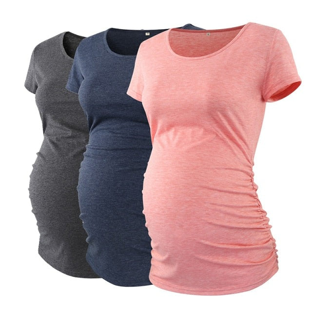 Maternity Tees Clothes Ropa Embarazada Shirt O Neck Tops Pregnancy T-Shirt Casual Flattering Side Ruching Maternity Pullover
