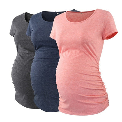 Maternity Tees Clothes Ropa Embarazada Shirt O Neck Tops Pregnancy T-Shirt Casual Flattering Side Ruching Maternity Pullover