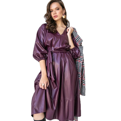 Women Vintage Sashes Purple PU Party Dress Lantern Sleeve Sexy V neck Solid Elegant Casual A-line Dress  Autumn New Dress