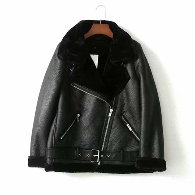 Thick and warm faux leather jacket Coat women&#39;s beige long-sleeved belt jacket women  winter fashion new streetwear Tops