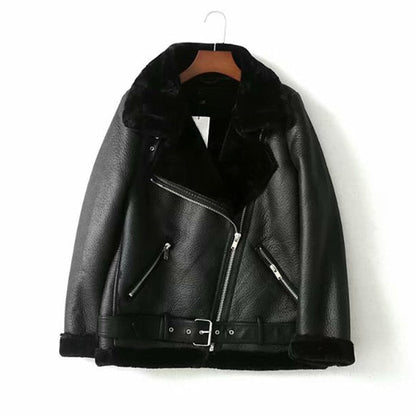 Thick and warm faux leather jacket Coat women&#39;s beige long-sleeved belt jacket women  winter fashion new streetwear Tops