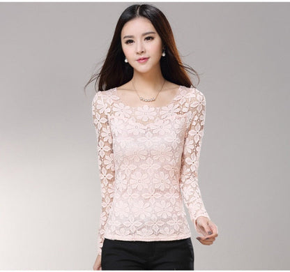 xakxx xakxx Plus size S-5XL  New fashion Women&#39;s Lace Crochet Blouses Shirts Long Sleeve Sexy Tops Women Lace Blouse camisa feminina