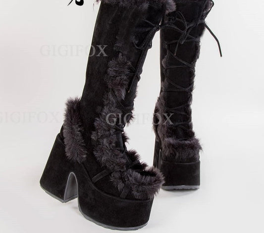 xakxx Christmas Gift Winter Fur Big Size 43 Black Brwon Gothic Chunky Boots High Heel Chunky Heels Platform Keep Warm Boots Shoes Women