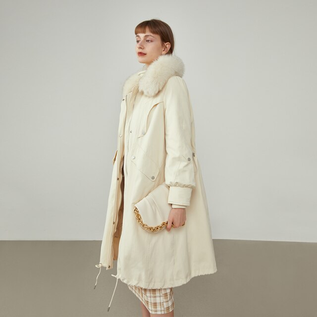 Women Simple Beige Two-wear Tooling Down Jackets Winter Long Fur Collar Loose Coat detachable liner Khaki Down Coats