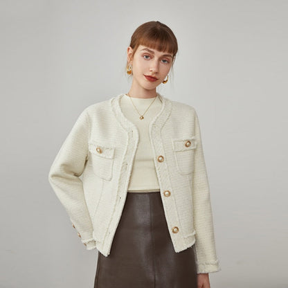 Women French White Small Fragrance Jacket Winter Short Retro Wool Double-faced Coat Bright Line Decoration Wool Coat