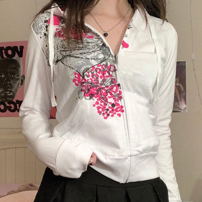 Vintage Print Hoodie Women'S Jacket Autumn Zip Up Sweatshirts Harajuku Casual Overcoat Korean Coat Grunge Fairycore Y2K