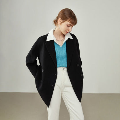 Women's Double-sided Suit Collar Woolen Coat Mid-length Loose Blue Wool Coats Women Korean Style Large Black Jackets