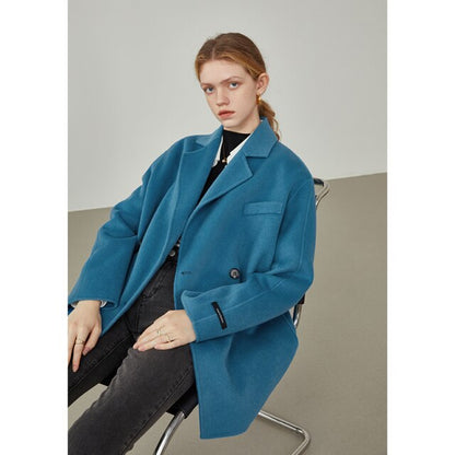 Women's Double-sided Suit Collar Woolen Coat Mid-length Loose Blue Wool Coats Women Korean Style Large Black Jackets