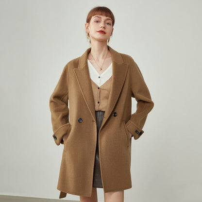 Women's Winter Light Tan Double-breasted Jacket Mid-length Suit Collar Double-sided Wool Coat Women Belt Design Coats