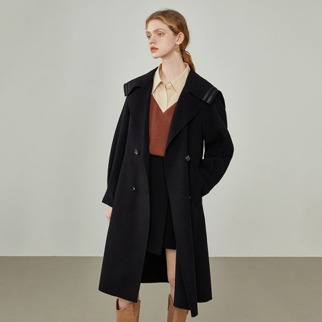 Women Navy Collar Double-sided Black Woolen Coat Winter Mid-length College Yellow Jacket Grey Straight Cashmere Coats