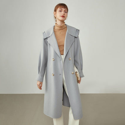 Women Navy Collar Double-sided Black Woolen Coat Winter Mid-length College Yellow Jacket Grey Straight Cashmere Coats