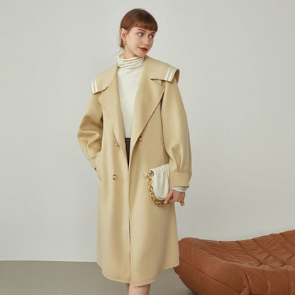 Women Navy Collar Double-sided Black Woolen Coat Winter Mid-length College Yellow Jacket Grey Straight Cashmere Coats