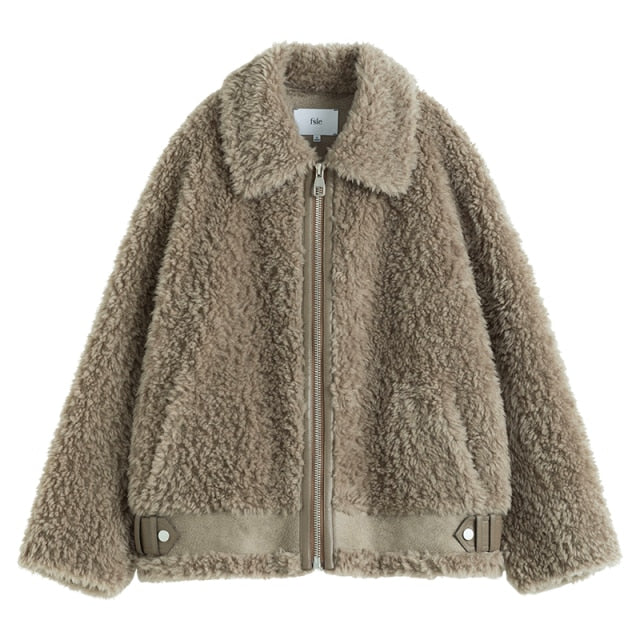 Winter Women Khaki Casual Faux Fur Jacket  Simple Commuter Fur All-in-one Short Coat Patchwork Design Zipper Coat